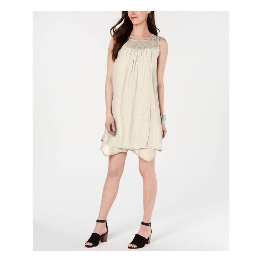STYLE & COMPANY Womens Beige Pom Pom Sleeveless Shift Handkerchief Dress M